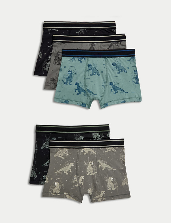 5pk Cotton with Stretch Dinosaur Trunks (5-12 Yrs) Image 1 of 2