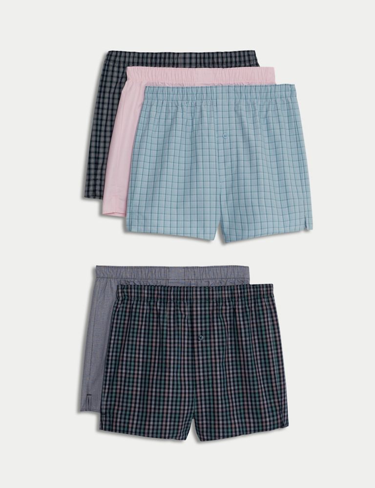 5pk Pure Cotton Checked StayNew™ Checked Woven Boxers, M&S Collection