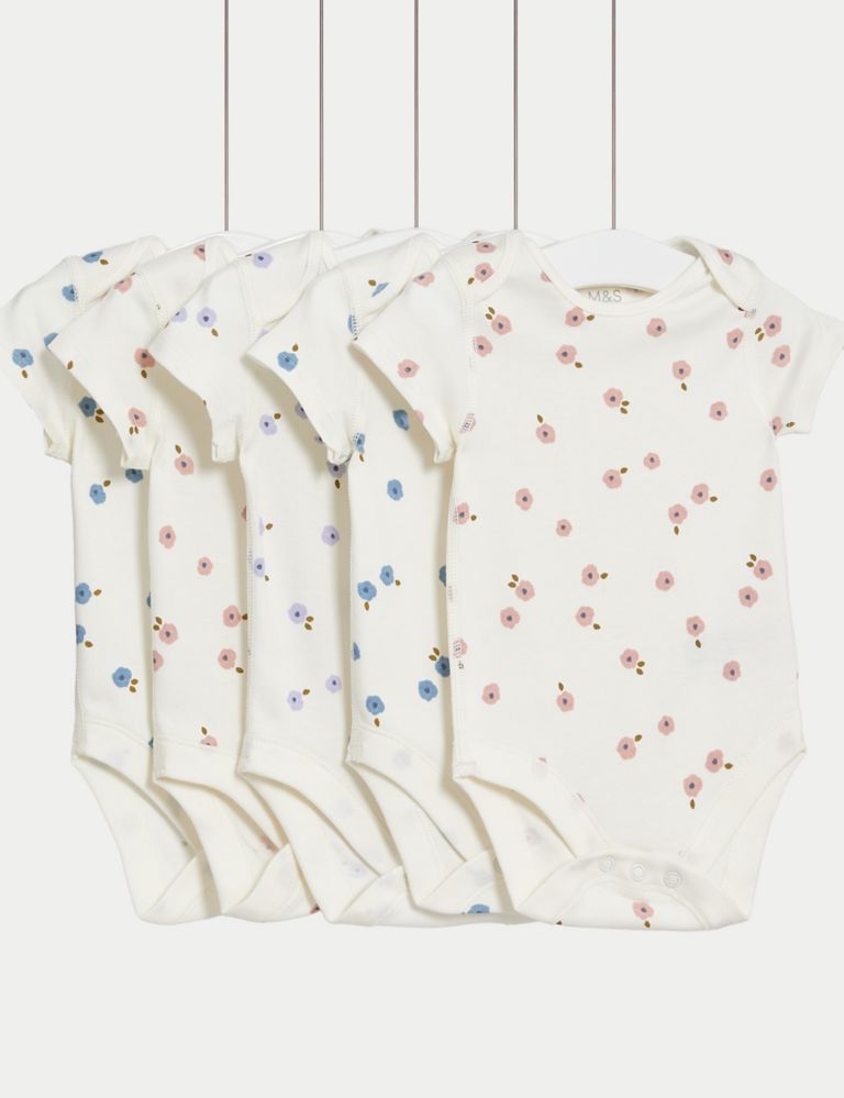 5pk Pure Cotton Floral Bodysuits (6½lbs-3 Yrs) 1 of 4