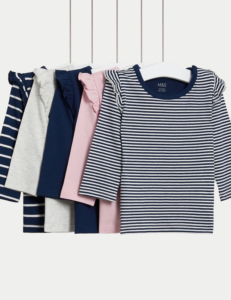 5pk Pure Cotton Striped & Plain Tops (0-3 Yrs) 1 of 4