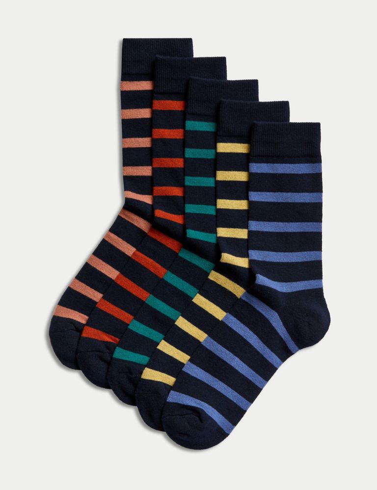 5pk Striped Cotton Rich Cushioned Socks 1 of 2