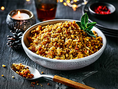 Vegetarian bread sauce stuffing in a bowl