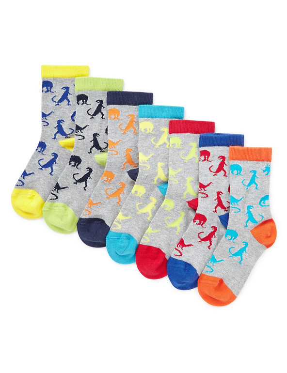 7 Pairs of Freshfeet™ Dinosaur Print Socks with Silver Technology (1-7 Years) Image 1 of 1