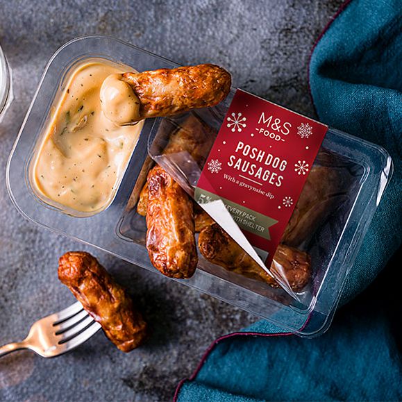 M&S posh dog sausages with gravynaise dipping pot