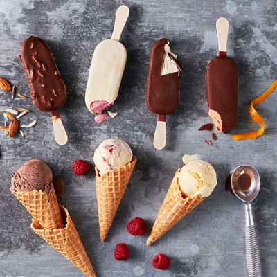 A selection of frozen dessert sticks and Cornish ice-cream cones