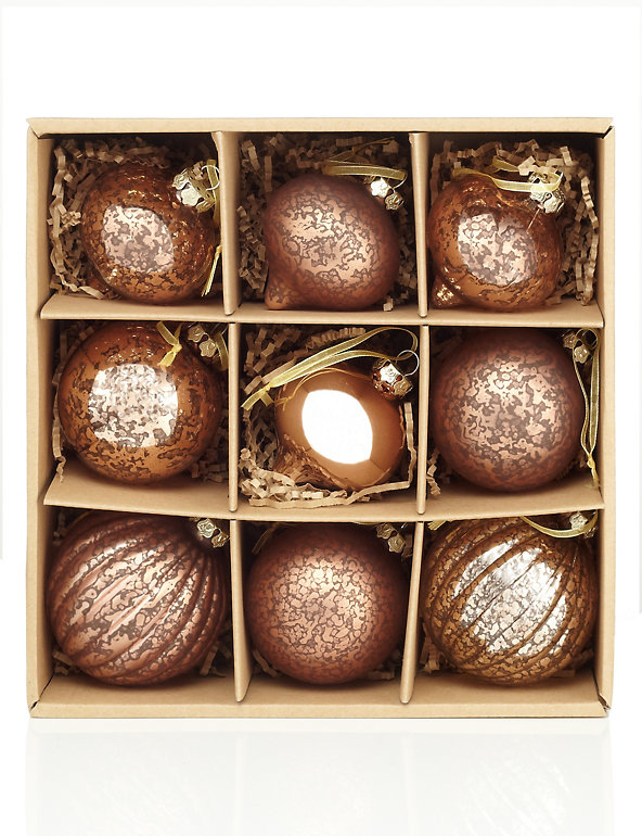 9 Copper Glass Christmas Baubles Image 1 of 2