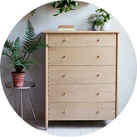 Chest of drawers surrounded by house plants