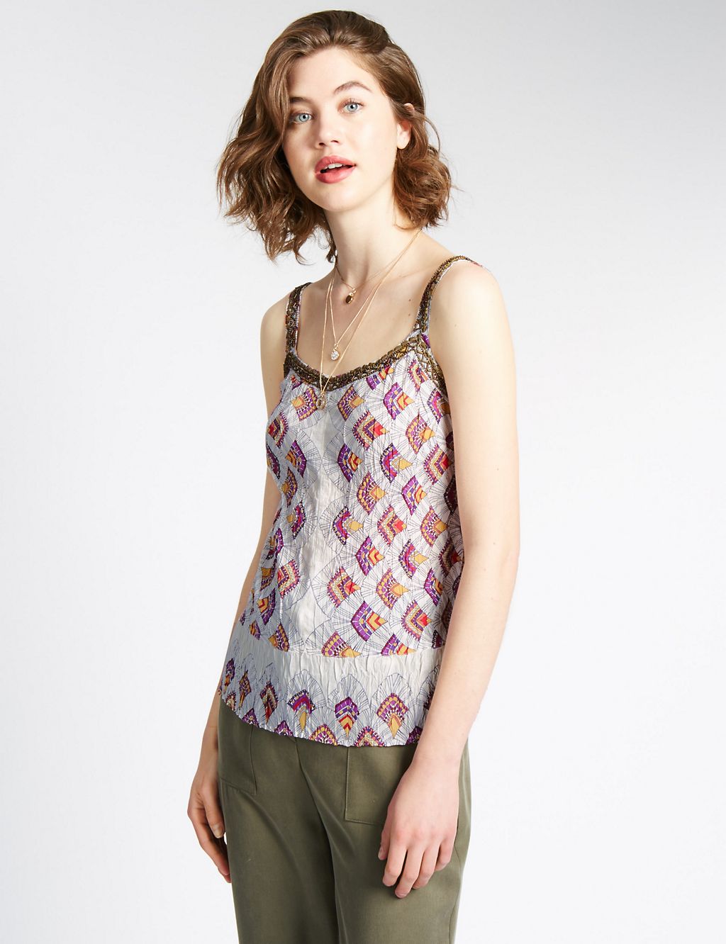 Abstract Print Bead Embellished Camisole Top 3 of 3