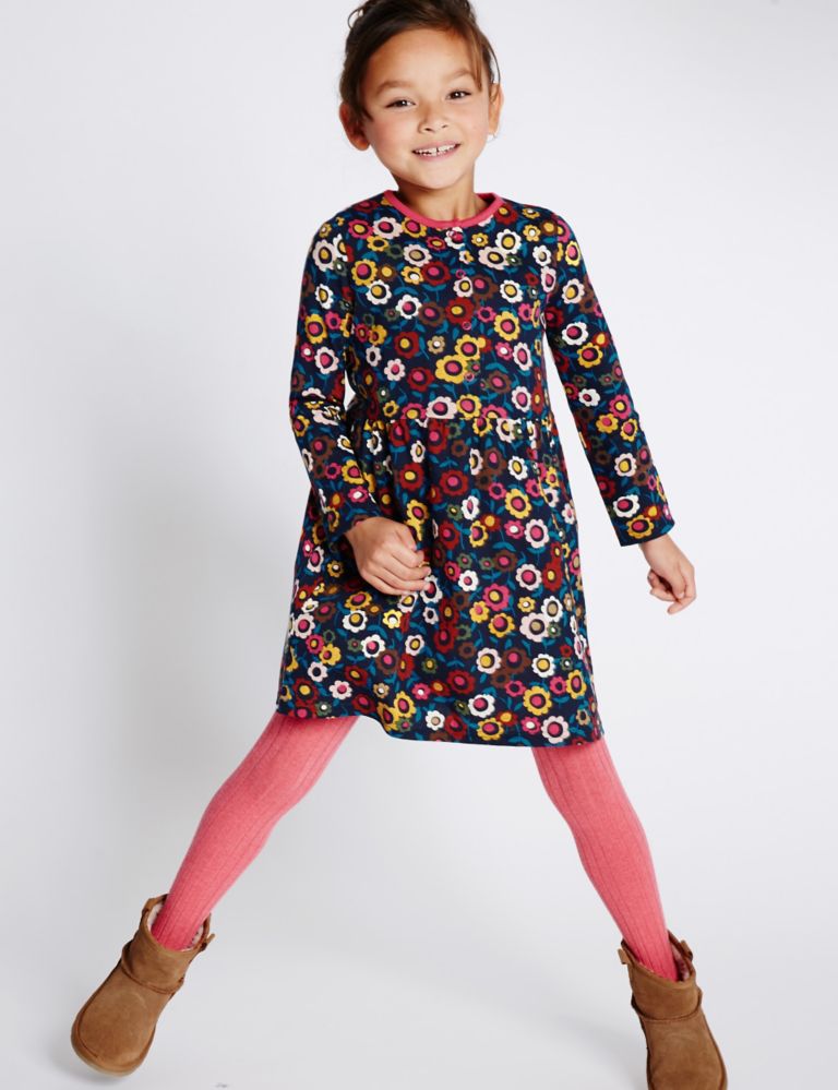 All Over Print Pure Cotton Long Sleeve Dress (1-7 Years) 1 of 5