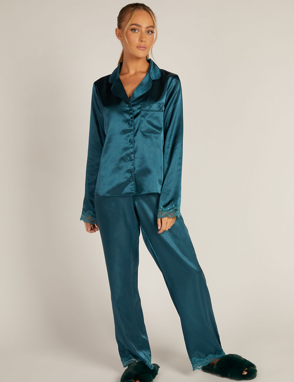 Amelia Satin Lace Trim Revere Pyjama Set | Boux Avenue | M&S