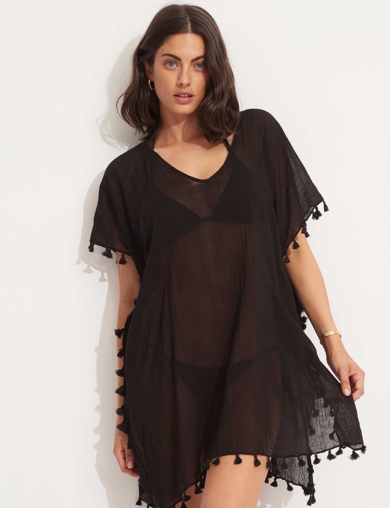 Amnesia Pure Cotton Tassel Beach Cover Up Kaftan Seafolly M S