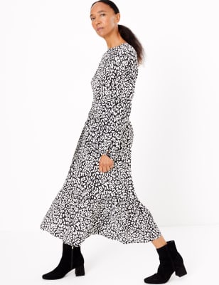 animal print waisted midi dress