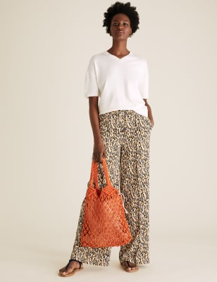 Animal Print Drawstring Wide Leg Trousers, M&S Collection