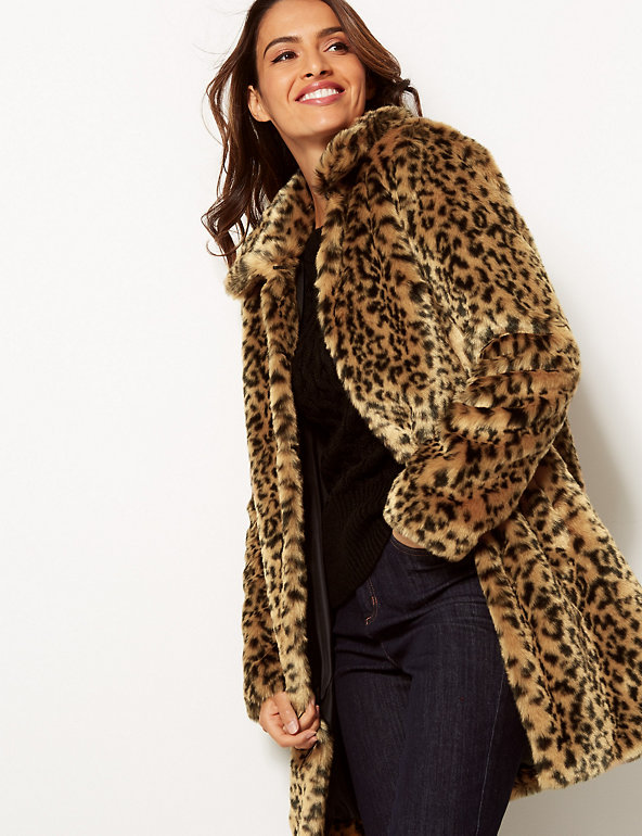 Animal Print Faux Fur Coat Per Una M S, Real Leopard Skin Fur Coat