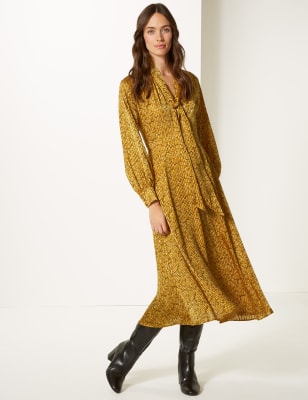 yellow leopard print midi dress