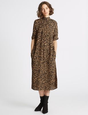 Buy Half Sleeves Crepe Brown Leopard Print Shirt Online