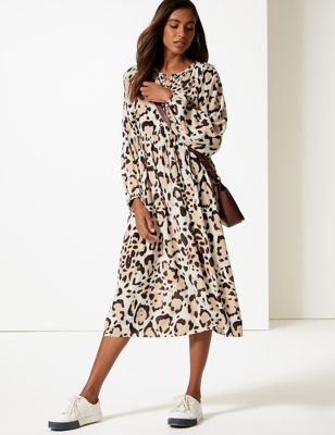 Animal Print Long Sleeve Tea Midi Dress | M&S Collection | M&S