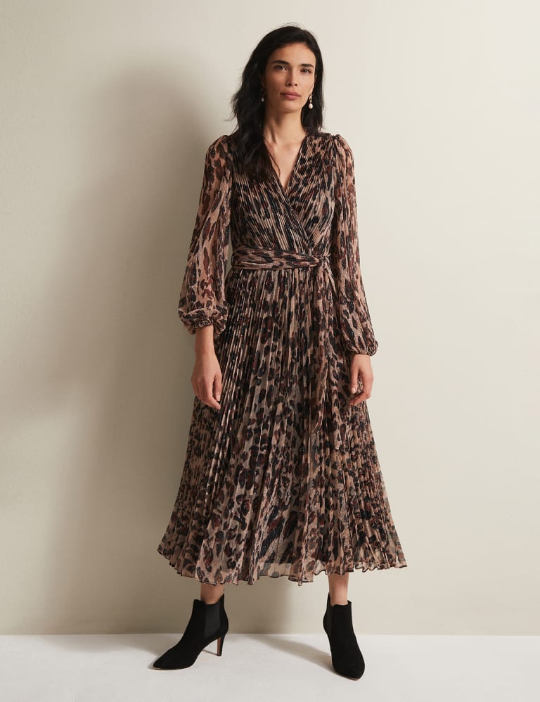 Animal Print Plisse V Neck Maxi Wrap Dress