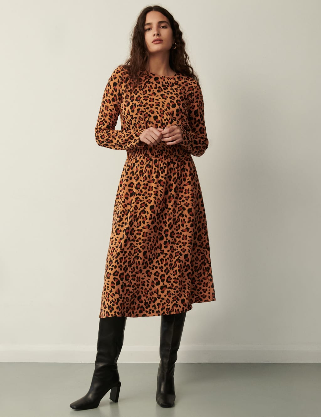 Animal Print Round Neck Midi Waisted Dress