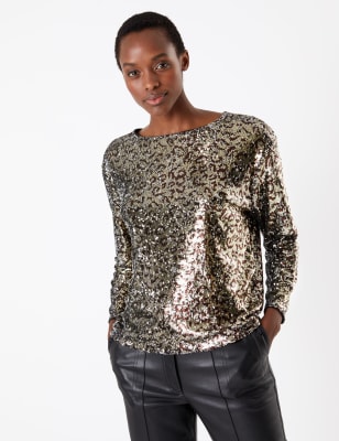 Animal Print Sequin Long Sleeve Top | M 