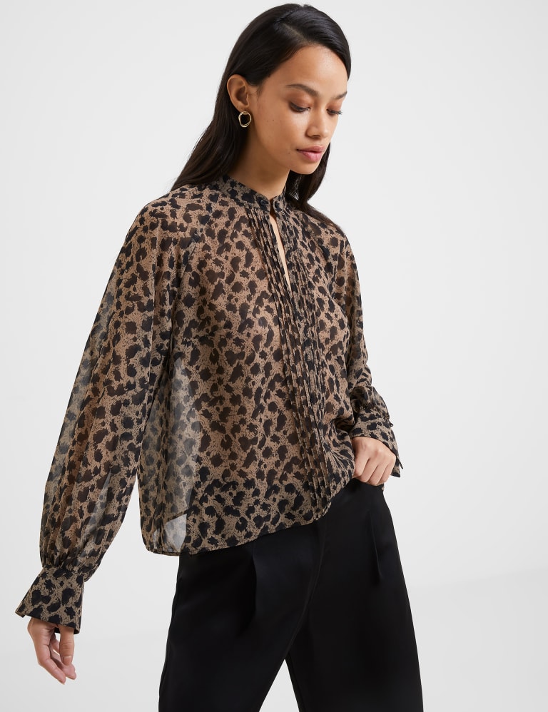 Animal Print Stand Collar Pintuck Blouse 1 of 4