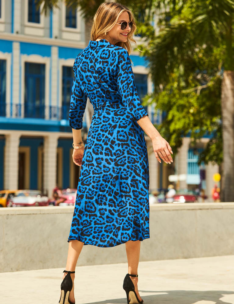 Animal Print V Neck Midi Shirt Dress