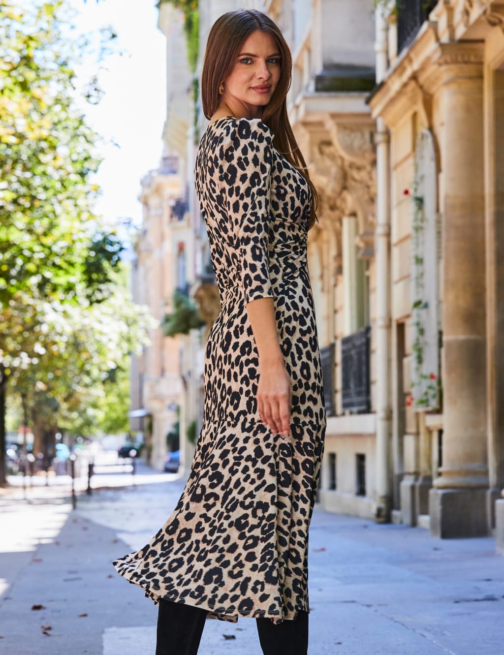 Leopard print midi skirt online v neck
