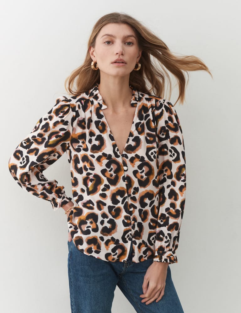 Animal Print V-Neck Ruffle Blouse 1 of 4