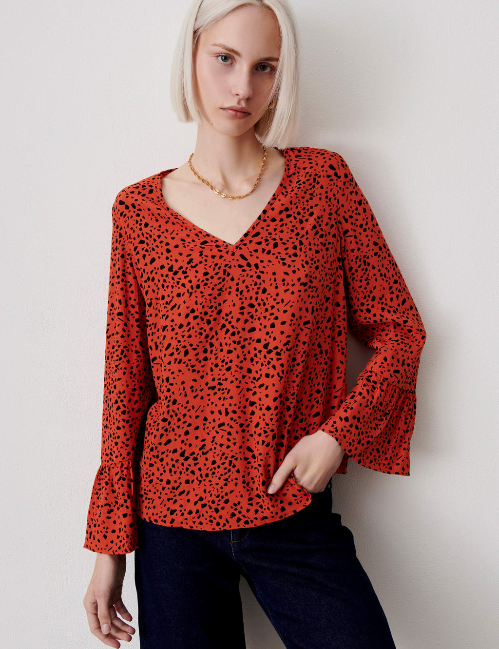 Ribbed Top with Animal Print Sleeves
