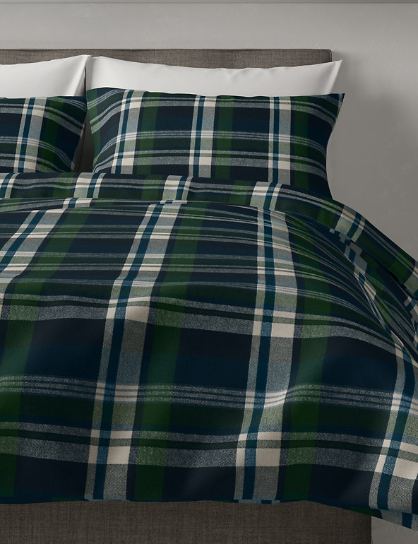 Archie Brushed Cotton Checked Bedding, Green Tartan Double Duvet Cover