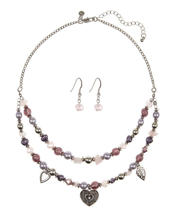 Assorted Bead Heart Leaf Necklace & Earrings Set Image 1 of 1