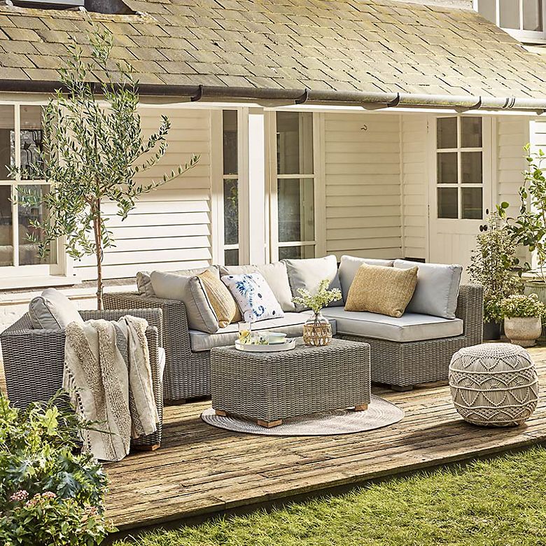 Marlow grey wicker garden corner sofa with grey cushions, outdoor armchair and coffee table