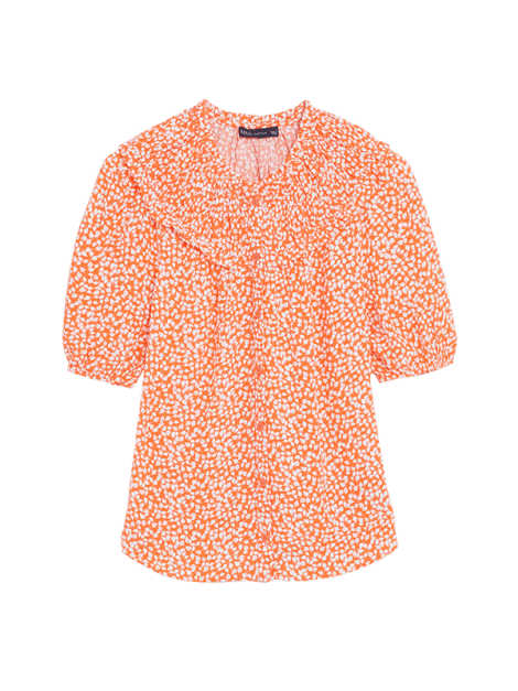 Coral leaf-print smocked blouse with short sleeves. Shop now