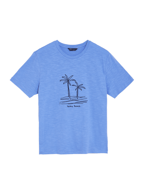 Blue short-sleeved T-shirt embroidered with palm trees and Venice Beach slogan. Shop now