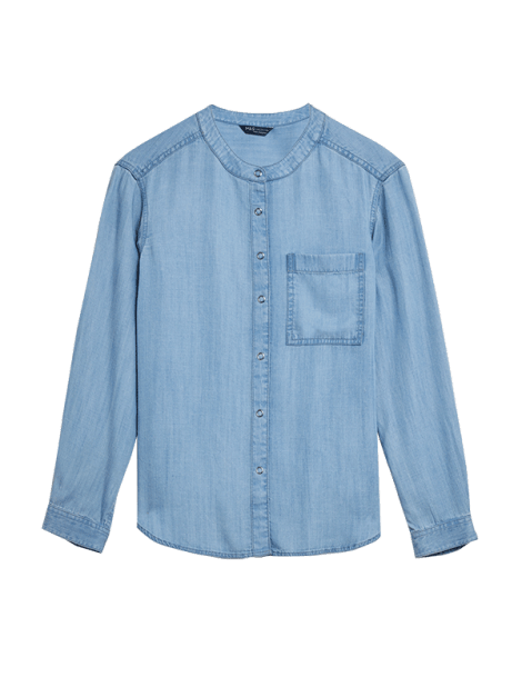 Ligt blue Tencel™ collarless shirt with long sleeves. Shop now