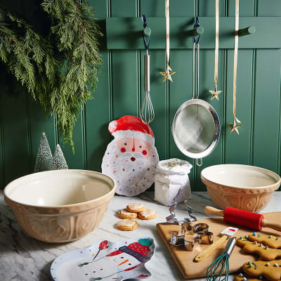 Christmas baking kit including cookie cutters, whisk and rolling pin. Shop the kit.