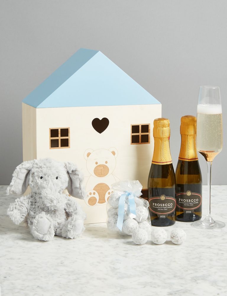 Baby Boy Gift with Prosecco, Marc de Champagne Truffles & Soft Toy 1 of 4