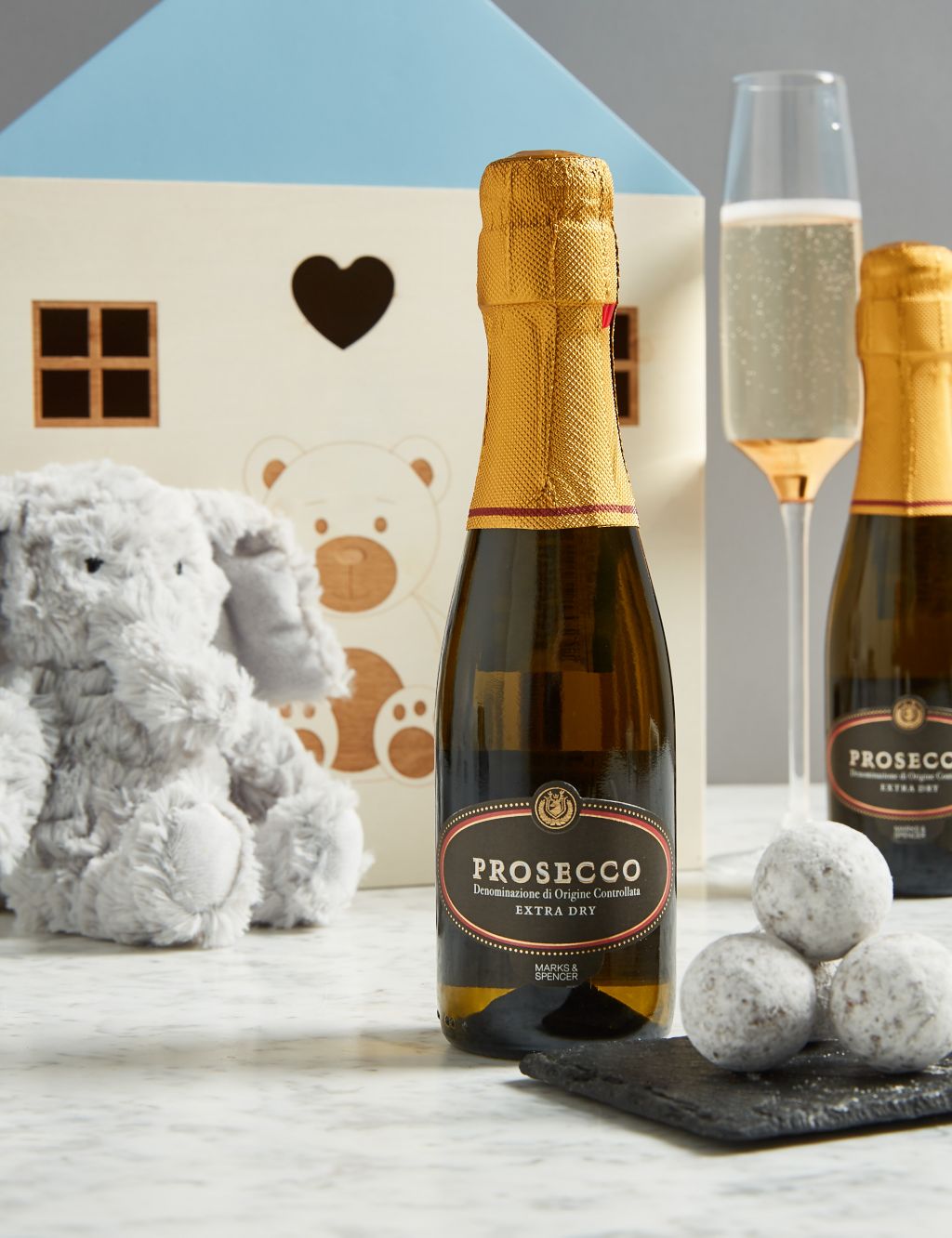 Baby Boy Gift with Prosecco, Marc de Champagne Truffles & Soft Toy 2 of 4