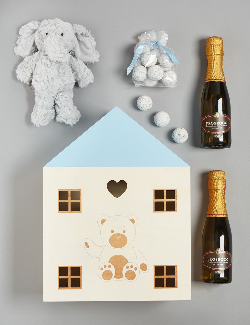 Baby Boy Gift with Prosecco, Marc de Champagne Truffles & Soft Toy 1 of 4
