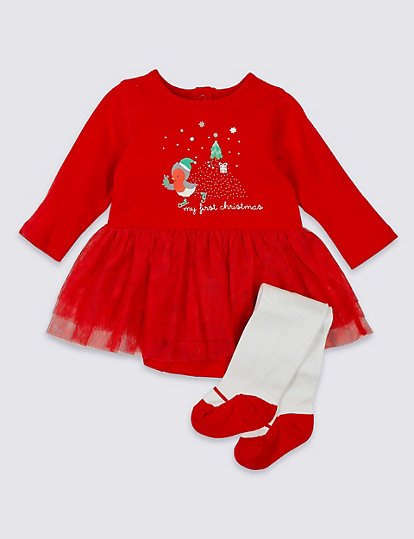 Festive Christmas M&S Baby Girls Green Knit Floral Dress and Tights Set Outfit 