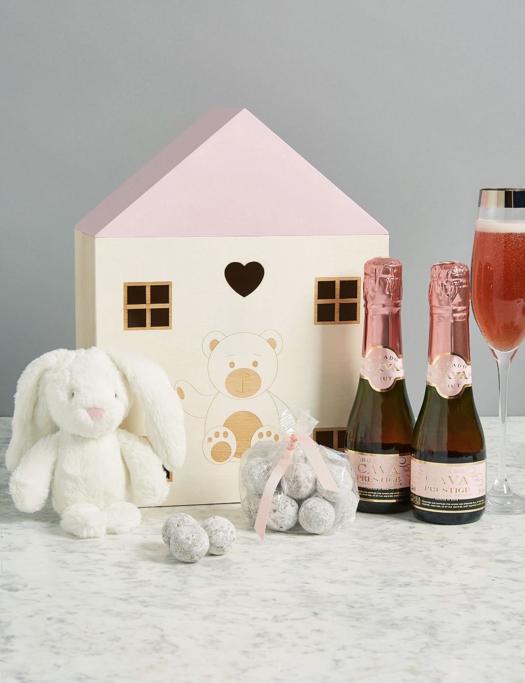 Baby Girl Gift with Rosado Cava Prestige, Marc de Champagne Truffles & Soft Toy 3 of 4