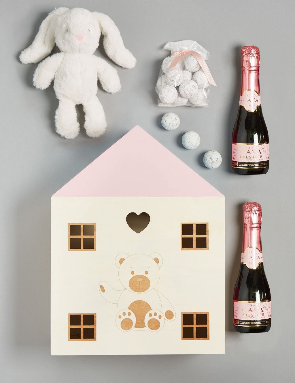 Baby Girl Gift with Rosado Cava Prestige, Marc de Champagne Truffles & Soft Toy 1 of 4