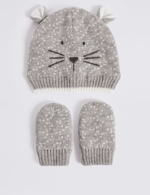 white baby hat and mittens