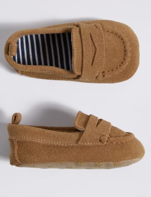 M&amp;S BABY BOYS SIZE 03 MONTHS TAN SUEDE LEATHER PRAM SHOES