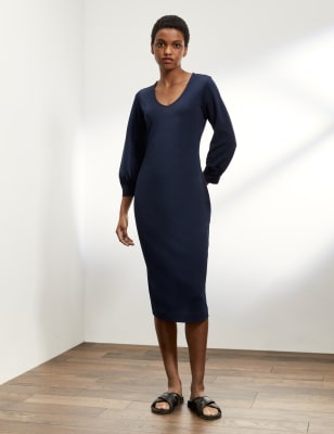 Balloon Sleeve V Neck Jersey Dress Image 3 of 6