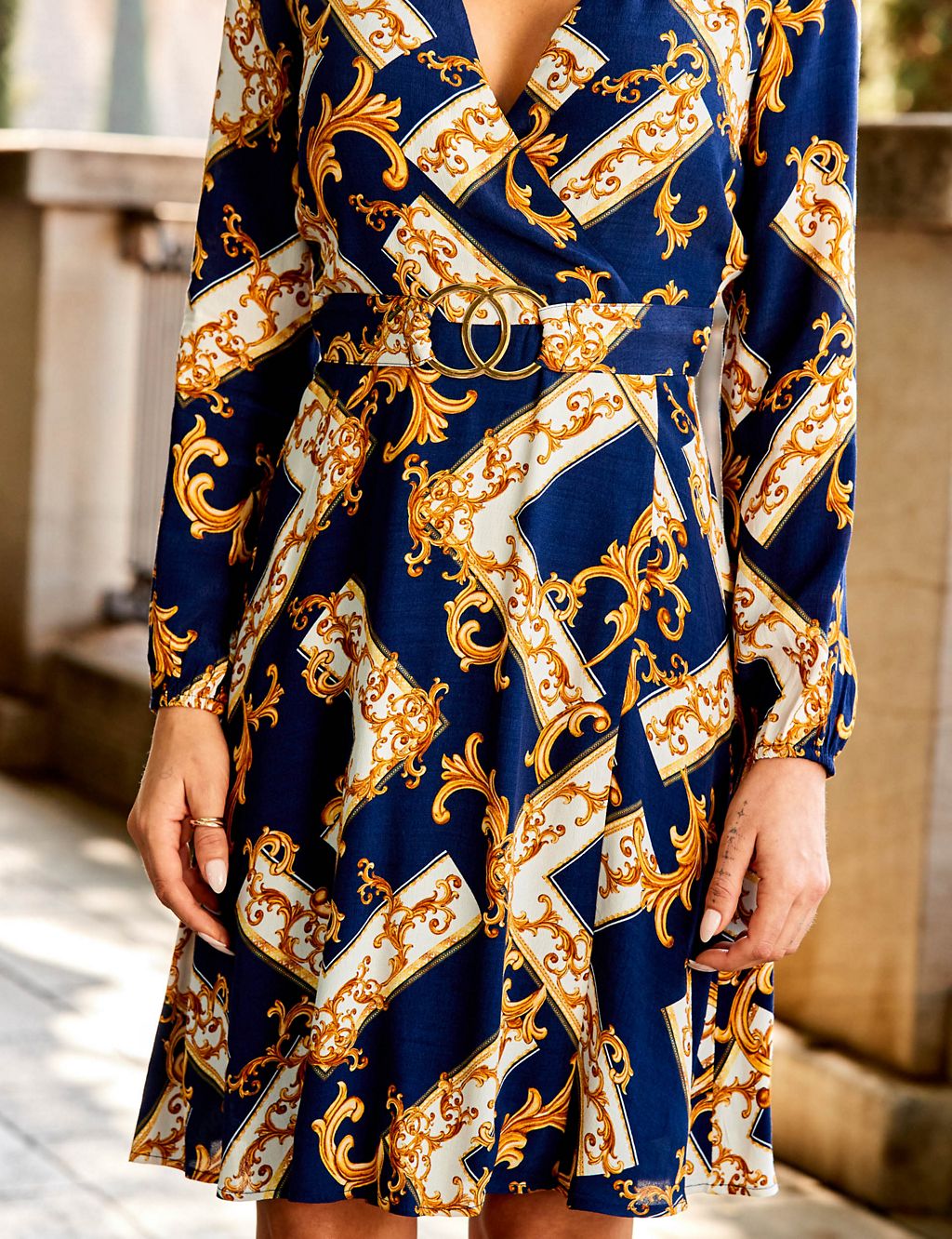 Baroque Print Belted Fit and Flare Dress 2 of 5