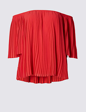 Batwing Sleeve Pleated Cold Shoulder Bardot Blouse Image 2 of 3