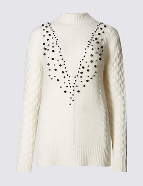 Beaded Cable Knit Turtle Neck Jumper Image 2 of 3