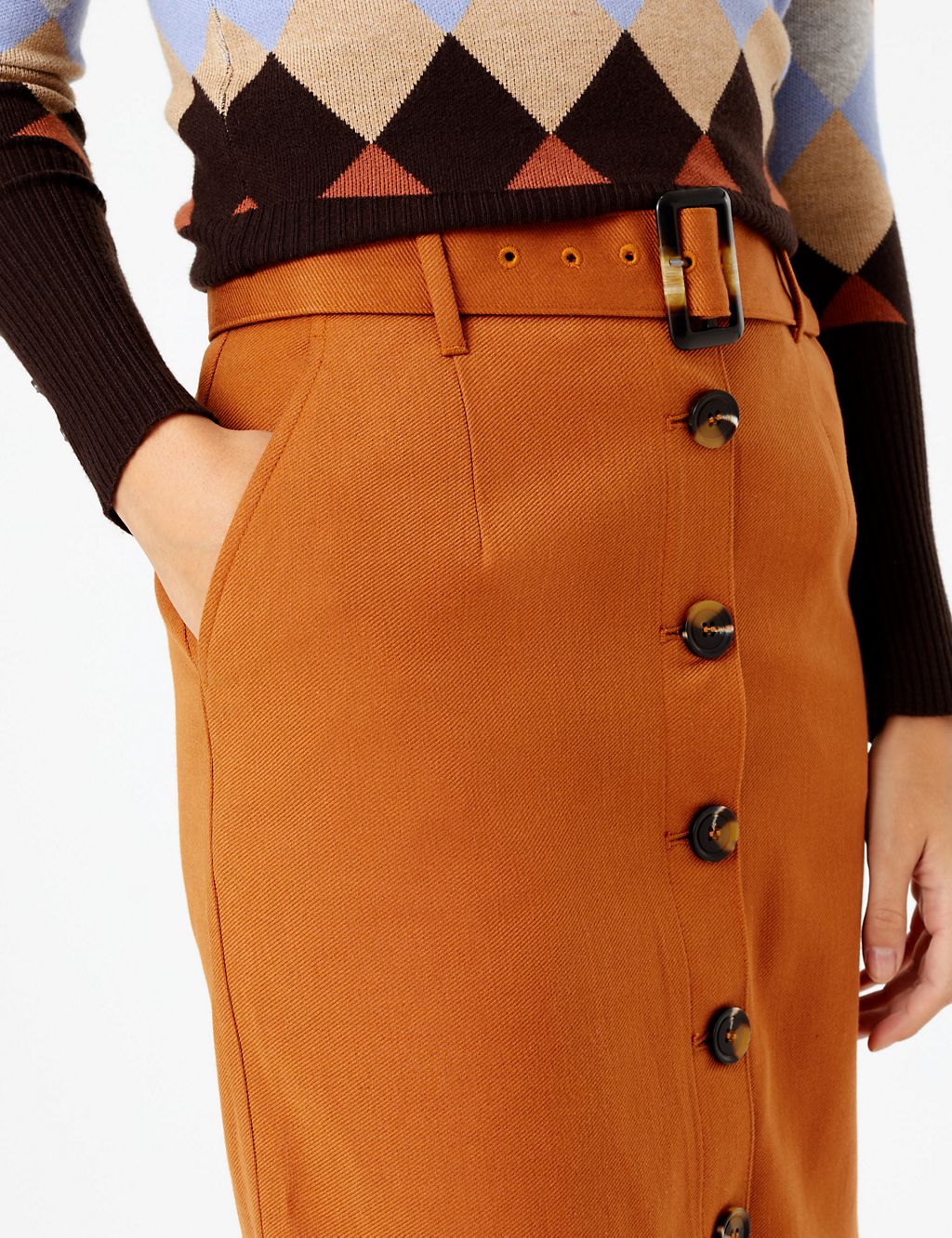 Belted Button Front A-Line Midi Skirt 2 of 4