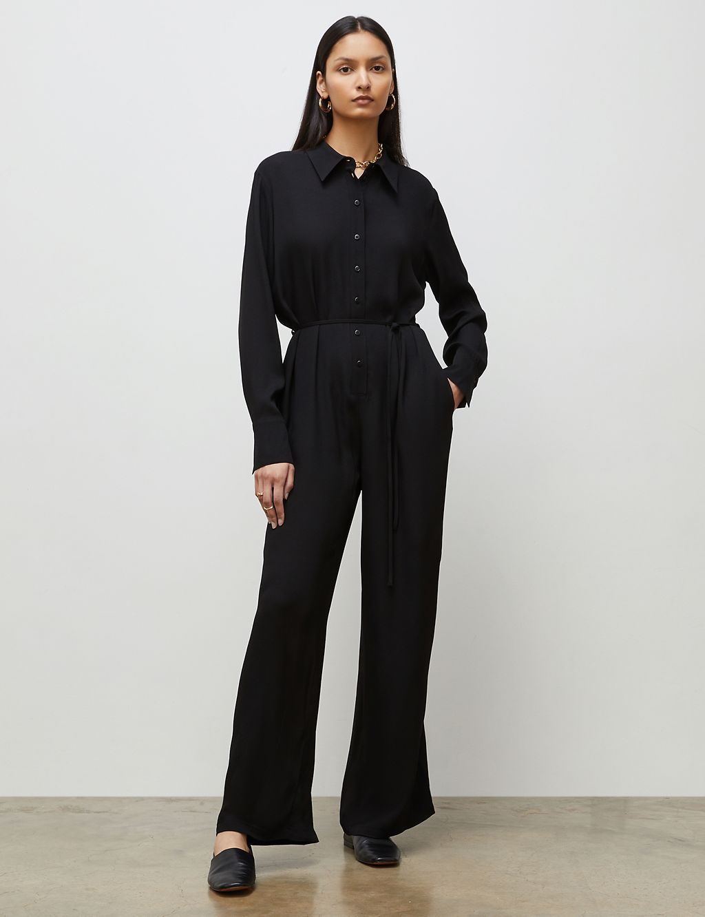Belted Button Front Wide Leg Jumpsuit 3 of 4